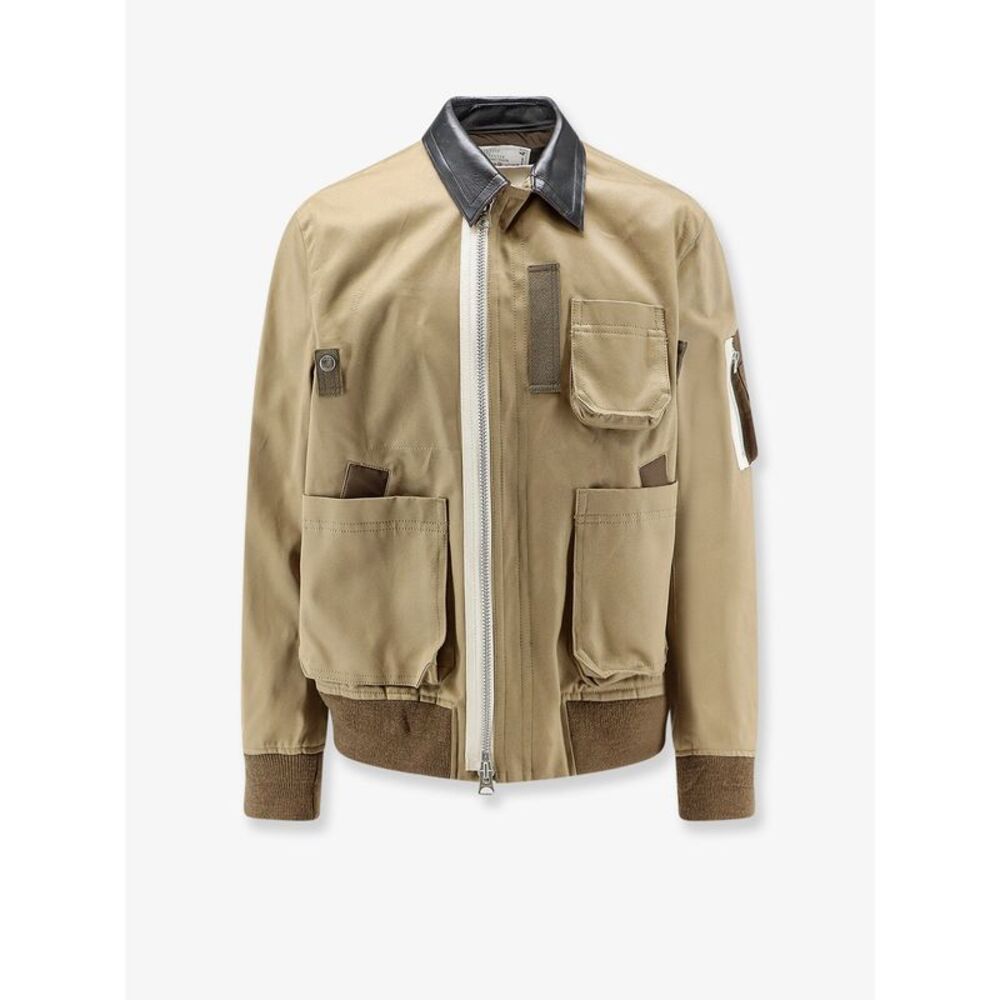 Sacai Men Cotton Chino Jacket With Faux Leather Collar